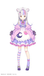 Rule 34 | 1girl, apron, asymmetrical legwear, bandaid, bandaid on knee, bandaid on leg, brooch, commentary request, company name, double bun, frills, full body, hair bun, highres, hololive, jacket, jewelry, long hair, maid, maid apron, maid headdress, multicolored hair, murasaki shion, murasaki shion (magical girl maid), off shoulder, official art, open clothes, open jacket, orange eyes, pink hair, pink jacket, purple footwear, purple hair, shiokko (murasaki shion), silver hair, smile, solo, star brooch, striped clothes, striped thighhighs, tachi-e, tam-u, thighhighs, uneven legwear, vertical-striped clothes, vertical-striped thighhighs, virtual youtuber
