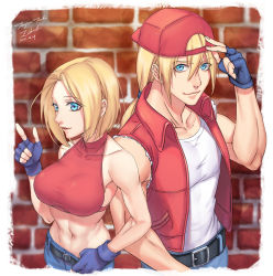 Rule 34 | 1boy, 1girl, adjusting clothes, adjusting headwear, backwards hat, baseball cap, blonde hair, blue eyes, blue mary, breasts, crop top, fatal fury, fingerless gloves, gloves, hat, large breasts, mary ryan, midriff, ponytail, red vest, short hair, snk, tenjou tsuki, terry bogard, the king of fighters, toned, vest