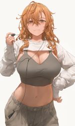 Rule 34 | 1girl, absurdres, blush, breasts, brown eyes, brown hair, cleavage, closed mouth, commentary, cropped jacket, digital media player, earphones, free style (yohan1754), hand on own hip, highres, jacket, large breasts, long hair, long sleeves, looking at viewer, navel, original, pants, shrug (clothing), single earphone removed, smile, solo, stomach, white jacket
