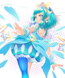 Rule 34 | 1girl, asymmetrical legwear, blue eyes, blue hair, blue pantyhose, bracelet, closed mouth, cure milky, earrings, from behind, hagoromo lala, hair ornament, hairband, highres, jewelry, long hair, looking at viewer, looking back, outstretched arm, pantyhose, pointy ears, precure, puffy shorts, shorts, shoulder blades, single leg pantyhose, smile, solo, standing, star (symbol), star earrings, star hair ornament, star twinkle precure, uneven legwear, yellow hairband, yuutarou (fukiiincho)