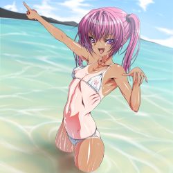 Rule 34 | 1girl, bikini, blush, breasts, female focus, inagaki, looking at viewer, nana asta deviluke, navel, nipples, ocean, open mouth, outdoors, purple eyes, purple hair, see-through, small breasts, smile, solo, standing, swimsuit, tan, tanline, to love-ru, twintails, water, wet