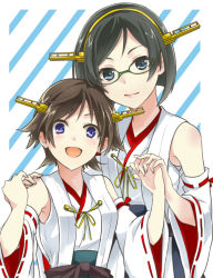 Rule 34 | 10s, 2girls, :d, bad id, bad pixiv id, black hair, blue eyes, brown hair, glasses, hairband, holding hands, headgear, height difference, hiei (kancolle), japanese clothes, kantai collection, kirishima (kancolle), multiple girls, nakaya 106, nontraditional miko, open mouth, short hair, siblings, smile, striped, striped background, tall, aged down