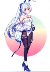 Rule 34 | 1girl, absurdres, animal ears, bare shoulders, black pantyhose, blue bow, blue footwear, blue hair, bow, breasts, choker, cleavage, collarbone, detached collar, fake animal ears, floral print, full body, hair bow, high heels, highres, jacket, komeshiro kasu, leotard, long hair, long legs, long sleeves, looking at viewer, medium breasts, multicolored hair, off shoulder, open clothes, open jacket, original, pantyhose, playboy bunny, ponytail, purple eyes, rabbit ears, rabbit girl, scan, sleeves past fingers, sleeves past wrists, solo, standing, string, thigh strap, two-tone hair, very long hair, white hair, white jacket, white leotard
