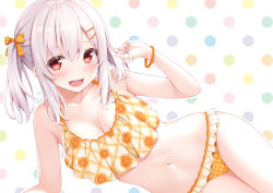 Rule 34 | 1girl, :d, bare arms, bare shoulders, bikini, blush, bow, breasts, cleavage, collarbone, hair between eyes, hair bow, hair ornament, hairclip, hand up, karutamo, long hair, looking at viewer, medium breasts, navel, open mouth, orange bikini, orange bow, original, plaid, plaid bikini, plaid bow, polka dot, polka dot background, red eyes, sidelocks, smile, solo, swimsuit, thighs, tisshu (karutamo), twintails, white hair, wristband