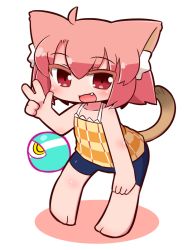 Rule 34 | 1girl, :d, ahoge, animal ear fluff, animal ears, bare arms, bare shoulders, barefoot, bike shorts, blue shorts, blush, camisole, cat ears, cat girl, cat tail, chibi, collarbone, colored eyelashes, commentary request, copyright request, eyeball, fang, full body, hair between eyes, hand on leg, hand up, highres, leaning forward, naga u, open mouth, red eyes, red hair, short shorts, shorts, smile, solo, standing, tail, tail raised, v, white background