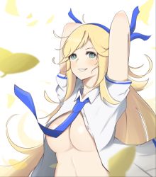 Rule 34 | 1girl, blonde hair, blue necktie, blue ribbon, breast curtains, breasts, cleavage, cleavage cutout, clothing cutout, hair ribbon, huge breasts, katsuragi (senran kagura), large breasts, long hair, low neckline, navel, necktie, no bra, open clothes, open mouth, open shirt, plaid, plaid skirt, revealing clothes, ribbon, school uniform, senran kagura, senran kagura estival versus, senran kagura new link, senran kagura shinovi versus, shirt, simple background, skirt, smile, solo, stomach, surippa1010, underboob, underboob cutout, white background, white shirt