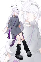 Rule 34 | 1girl, absurdres, alternate costume, belt collar, black hairband, blue archive, blunt bangs, blurry, blurry background, casual, closed mouth, collar, commentary request, earclip, full body, grey footwear, grey hair, grey skirt, hairband, half-closed eye, highres, himari (blue archive), korean commentary, leg warmers, long hair, long sleeves, looking at viewer, mole, mole under eye, one eye closed, pointy ears, ponytail, projected inset, purple bag, purple eyes, purple nails, shoes, simple background, sitting, skirt, smile, solo, star (symbol), star print, very long hair, white background, zanya 000