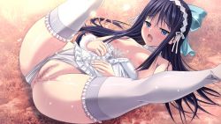 Rule 34 | 1girl, anus, astronauts, black hair, blue eyes, blush, breasts, censored, choker, clothing aside, corset, female focus, frilled thighhighs, frills, game cg, hair ribbon, hairband, legs up, long hair, lying, m&amp;m, nipples, open mouth, panties, panties aside, pussy, pussy juice, ribbon, saliva, satis (verethragna), spread legs, sweat, thighhighs, underwear, verethragna seisen no duelist, white thighhighs