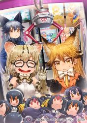 Rule 34 | 3girls, :3, :d, ^ ^, against glass, animal ear fluff, animal ears, artist request, black-framed eyewear, black hair, black neckwear, blonde hair, blouse, blue jacket, bow, bowtie, caracal (kemono friends), cat ears, character doll, closed eyes, commentary request, copyright name, crane game, drooling, elbow gloves, emperor penguin (kemono friends), extra ears, ezo red fox (kemono friends), fox ears, fur-trimmed sleeves, fur trim, gentoo penguin (kemono friends), glasses, gloves, grey hair, hair between eyes, humboldt penguin (kemono friends), jacket, kemono friends, long hair, lucky beast (kemono friends), margay (kemono friends), margay print, multicolored hair, multiple girls, official art, okinawa habu (kemono friends), open mouth, orange eyes, orange jacket, poster (object), print gloves, print neckwear, rockhopper penguin (kemono friends), royal penguin (kemono friends), serval (kemono friends), shirt, short hair, silver fox (kemono friends), sleeveless, sleeveless shirt, smile, stuffed toy, traditional bowtie, two-tone hair, v-shaped eyebrows, white neckwear, white shirt