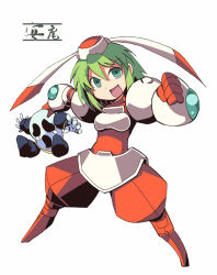 Rule 34 | 1girl, :d, android, green eyes, green hair, marina liteyears, open mouth, short hair, simple background, smile, solo, tears, white background, yasu-an, yuke yuke!! trouble makers