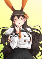 Rule 34 | 1girl, :o, animal ears, arm under breasts, azur lane, black skirt, blush, braid, breasts, brown eyes, brown hair, buttons, chikuma (azur lane), clothing cutout, collared shirt, commentary, cowboy shot, double-breasted, earrings, flower, french braid, hair between eyes, hair flower, hair ornament, hand up, highres, jewelry, large breasts, long hair, long sleeves, looking at viewer, necktie, open mouth, orange necktie, pleated skirt, rabbit ears, shirt, shiruppo, side cutout, sideboob, sidelocks, simple background, skirt, solo, standing, very long hair, wavy hair, white shirt, yellow background