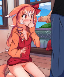 Rule 34 | 1boy, 1girl, animal ears, blush, brown eyes, colored pubic hair, covering own mouth, drill hair, embarrassed, female pubic hair, foreskin, fox ears, fox girl, fox tail, freckles, hand over own mouth, highres, hood, hoodie, imminent fellatio, kneeling, long hair, looking at penis, orange pubic hair, original, partially undressed, penis, penis awe, poppytart, pubic hair, red hair, ribbon, skirt, tail, tan, tanline, uncensored, unworn skirt