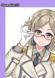 Rule 34 | 1girl, black jacket, black necktie, brown hair, brown shirt, buttons, collared shirt, commentary request, double-breasted, epaulettes, folded ponytail, glasses, gloves, green eyes, highres, jacket, kantai collection, katori (kancolle), kurano kisuke, military, military uniform, necktie, one-hour drawing challenge, shirt, solo, uniform, white gloves