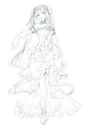 Rule 34 | 1girl, 2016, absurdly long hair, arm garter, choker, corsage, dated, dress, eyebrows, fate/grand order, fate/hollow ataraxia, fate (series), female focus, flower, frilled dress, frills, full body, greyscale, hairband, headband, highres, kotoraya, layered dress, lolita hairband, long hair, looking at viewer, monochrome, open mouth, outstretched arms, plant, ribbon trim, side slit, sidelocks, signature, sleeveless, sleeveless dress, smile, solo, stheno (fate), traditional media, twintails, very long hair, white background