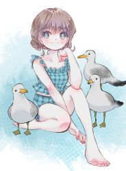 1girl bare_legs bare_shoulders barefoot bird blue_background blue_one-piece_swimsuit brown_hair closed_mouth collarbone elbow_on_knee frilled_one-piece_swimsuit frilled_straps frills full_body grey_eyes hand_up hashtag-only_commentary highres looking_at_viewer one-piece_swimsuit original plaid_one-piece_swimsuit polka_dot polka_dot_background seagull short_hair sleeveless smile solo soranko swimsuit toes white_background