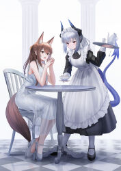Rule 34 | 2girls, :d, alternate costume, angry, animal ear fluff, animal ears, apron, arknights, bare shoulders, black dress, black footwear, brown eyes, brown hair, chair, closed mouth, collared dress, commentary request, cup, dragon girl, dragon horns, dragon tail, dress, enmaided, fox ears, fox girl, fox tail, franka (arknights), full body, grey hair, high heels, highres, holding, holding tray, horns, juliet sleeves, liskarm (arknights), long hair, long sleeves, maid, maid apron, maid headdress, multiple girls, open mouth, own hands together, pantyhose, puffy sleeves, saucer, serving, sidelocks, sitting, sleeveless, sleeveless dress, smile, sthk, sweatdrop, table, tail, teacup, teapot, teaspoon, tray, white apron, white dress, white footwear, white pantyhose