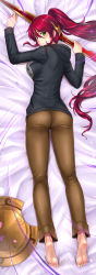 Rule 34 | 1girl, adsouto, barefoot, bed sheet, breasts, brown pants, cherry blossoms, dakimakura (medium), from above, full body, green eyes, hair between eyes, highres, holding, holding weapon, hood, hood down, hoodie, large breasts, long hair, looking at viewer, looking back, lying, on stomach, pants, pyrrha nikos, red hair, rwby, shield, shiny clothes, solo, very long hair, weapon