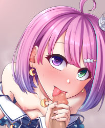 Rule 34 | 1boy, 1girl, ahoge, blue hair, blush, bob cut, breasts, candy hair ornament, censored, clothes lift, collarbone, crown, dress, dress lift, dress shirt, earrings, fellatio, food-themed hair ornament, frilled dress, frills, gradient hair, green eyes, hair ornament, handjob, heart, heart-shaped pupils, hetero, heterochromia, highres, himemori luna, himemori luna (sundress), hololive, jewelry, licking, licking penis, mini crown, mosaic censoring, multicolored hair, necklace, nipples, open mouth, oral, penis, pink hair, purple eyes, purple hair, shirt, short hair, small breasts, solo focus, streaked hair, swept bangs, symbol-shaped pupils, tongue, tongue out, virtual youtuber, zellam