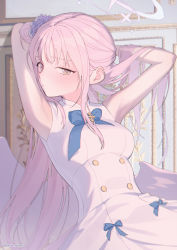 Rule 34 | 1girl, absurdres, armpits, arms up, blue archive, blue bow, blue bowtie, blush, bow, bowtie, breasts, closed mouth, commentary request, dress, flower, hair bun, hair flower, hair ornament, halo, harlow garden, highres, indoors, long hair, looking at viewer, low wings, medium breasts, mika (blue archive), pink hair, purple flower, single hair bun, sleeveless, sleeveless dress, solo, twitter username, very long hair, white dress, wings, yellow eyes