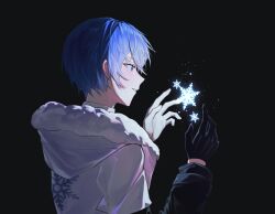 Rule 34 | 1boy, black background, black gloves, blue eyes, blush, coat, from side, fur-trimmed coat, fur trim, gloves, glowing snowflake, hair between eyes, hands up, happy, kaito (vocaloid), male focus, parted lips, profile, project diva (series), short hair, sidelighting, smile, solo, standing, teeth, upper body, vocaloid, white gloves, zhou huan (dgpe2833)