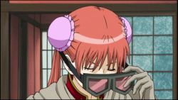 Rule 34 | 1girl, animated, animated gif, blue eyes, bouncing breasts, breasts, double bun, female focus, gintama, glasses, gloves, kagura (gintama), long hair, lowres, red hair, solo