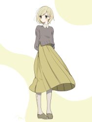Rule 34 | 1girl, arms behind back, blonde hair, blush stickers, collared shirt, full body, green eyes, long skirt, looking to the side, maco22, original, pantyhose, pleated skirt, shirt, short hair, skirt, solo, sweater