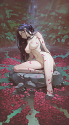 Rule 34 | 1girl, black hair, blue eyes, breasts, cleavage, completely nude, expressionless, flower, highres, large breasts, looking down, nature, navel, nipples, nude, original, pond, red flower, rock, rose, sitting, solo, timbougami, water