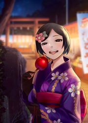 Rule 34 | 1girl, absurdres, banner, black eyes, black gloves, black hair, blurry, blurry background, candy apple, commentary, drawdream1025, eating, empty eyes, floral print, flower, food, gloves, hair flower, hair ornament, hair strand, highres, japanese clothes, kimono, lens flare, looking at viewer, monogatari (series), monogatari series puc puc, night, obi, open mouth, oshino ougi, parted bangs, purple kimono, sash, short hair, solo, tongue, tongue out, torii, upper body