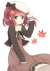 Rule 34 | 10s, 1girl, autumn leaves, beret, black bow, black jacket, blue eyes, blush, bow, brown dress, casual, closed mouth, collarbone, comic, cropped jacket, dress, eyebrows, hair bow, hat, jacket, kani biimu, kurosawa ruby, long sleeves, looking at viewer, love live!, love live! school idol festival, love live! sunshine!!, neck ribbon, red hair, ribbon, short hair, simple background, smile, solo, standing, striped, striped bow, tareme, two side up, white background, white hat