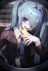 1girl absurdres aqua_hair black_jacket black_skirt blazer blue_eyes blue_necktie collared_shirt commentary eyepatch fingernails hatsune_miku highres holding holding_phone jacket looking_at_viewer moduku monitoring_(vocaloid) necktie one_eye_covered open_clothes open_jacket open_mouth phone shirt skirt twintails vocaloid white_shirt