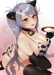 Rule 34 | 1girl, animal ears, animal print, ass, azur lane, bell, black choker, black gloves, black thighhighs, breasts, butt crack, character name, choker, cleavage, cow girl, cow print, cow print bikini, cow tail, gloves, highres, large breasts, light purple hair, long hair, maitei roppa, mole, mole on breast, multicolored hair, neck bell, print bikini, prinz eugen (azur lane), red eyes, red hair, solo, streaked hair, tail, thighhighs, tongue, tongue out, twintails