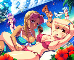 Rule 34 | 5girls, arms up, beach, bikini, bird, blonde hair, blue hair, blush, braid, breast hold, breast press, breasts, brown eyes, brown hair, character request, cleavage, cloud, day, dog, dutch angle, earrings, embarrassed, flat chest, flower, fortune quest, hair bun, happy, hibiscus, highres, holding, jewelry, kanisaka, large breasts, long hair, looking at viewer, lotion, lying, multiple girls, o-ring, o-ring bikini, ocean, oil, on back, open mouth, outdoors, pastel (fortune quest), pointy ears, purple eyes, purple hair, red eyes, rumy (fortune quest), seagull, shark, shark fin, shiny skin, shiro (fortune quest), simple background, single braid, sky, slingshot swimsuit, smile, squid, striped bikini, striped clothes, swimsuit, tan, tanline, topfreedom, topless, twin braids, water, yellow eyes, yuri