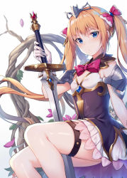 Rule 34 | 1girl, alexmaster, armor, black dress, blonde hair, blue eyes, blush, bow, bowtie, closed mouth, commentary request, dress, female focus, gloves, hair between eyes, hair bow, highres, holding, holding sword, holding weapon, long hair, looking at viewer, original, pink bow, purple bow, purple bowtie, sitting, solo, sword, tree, tsurime, twintails, very long hair, weapon, white background, white gloves