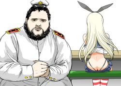 Rule 34 | 1boy, 1girl, admiral (kancolle), animal ears, ass, beard, bench, black eyes, black hair, blonde hair, butt crack, buttons, crop top, downpants, duplicate, elbow gloves, facial hair, facing away, fake animal ears, fat, fat man, from behind, gloves, grand prix richmond crackstyle (meme), hands together, hat, highleg, highleg panties, horizontal stripes, jacket, kantai collection, long hair, long sleeves, looking at viewer, lowres, magic: the gathering, md5 mismatch, meme, microskirt, military, military uniform, mini hat, mono (moiky), neckbeard, own hands together, panties, parody, pleated skirt, rabbit ears, real life, resized, serious, shimakaze (kancolle), shirt, simple background, sitting, skirt, sleeveless, sleeveless shirt, striped clothes, striped legwear, striped thighhighs, table, thighhighs, thong, underwear, uniform, whale tail (clothing), white background, white jacket