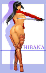Rule 34 | 1girl, armor, ass, back, black hair, boots, border, breasts, character name, crossed legs, elbow gloves, from behind, gloves, grey eyes, hand on own hip, hibana, hip focus, homare (fool&#039;s art), jpeg artifacts, kunoichi (game), large breasts, crossed legs, long hair, looking back, ninja, sega, shadow, sideboob, solo, spikes, standing, sword, thigh boots, thighhighs, watson cross, weapon