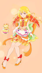 Rule 34 | 1girl, :q, alternate hairstyle, ankle ribbon, apron, back bow, bike shorts, blonde hair, bow, bowtie, brooch, bun cover, chinese clothes, closed mouth, commentary request, cure yum-yum, delicious party precure, dress, earrings, gloves, gradient hair, green bow, hair down, hair ornament, hanamichi ran, heart, heart brooch, high collar, high heels, highres, holding, holding hair ornament, huge bow, jewelry, leg ribbon, long hair, looking at viewer, magical girl, medium dress, mem-mem (precure), mochi curry, multicolored hair, one eye closed, orange bow, orange dress, orange footwear, partial commentary, precure, red eyes, red shorts, ribbon, shorts, shorts under dress, side slit, sleeveless, sleeveless dress, smile, solo, standing, standing on one leg, tongue, tongue out, two-tone bow, waist apron, watch, white apron, white gloves, wristwatch, yellow bow, yellow bowtie