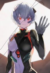 Rule 34 | 1girl, against fourth wall, arm at side, ayanami rei, black bodysuit, blue hair, bodysuit, broken glass, crack, curvy, evangelion: 3.0+1.0 thrice upon a time, frown, fuyuhi tsukika, glass, hand up, highres, interface headset, looking at viewer, neon genesis evangelion, pilot suit, plugsuit, rebuild of evangelion, red eyes, revealing layer, short hair, solo, upper body, white bodysuit