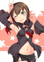 Rule 34 | 1girl, armpits, arms up, bare shoulders, black shirt, black shorts, black sleeves, blush, breasts, brown hair, center opening, cleavage, cosplay, cowboy shot, detached sleeves, double fox shadow puppet, drawstring, fox shadow puppet, front slit, fubuki (kancolle), green eyes, groin, hair between eyes, head tilt, highres, hololive, hood, hood down, kantai collection, key, kurokami fubuki, kurokami fubuki (cosplay), long hair, looking at viewer, low ponytail, medium breasts, midriff, name connection, navel, neckerchief, one eye closed, open mouth, ponytail, red background, red neckerchief, red ribbon, revision, ribbon, ribbon-trimmed sleeves, ribbon trim, shirt, short ponytail, short shorts, shorts, sideboob, sidelocks, sleeveless, sleeveless shirt, solo, standing, star (symbol), starry background, virtual youtuber, white background, wide sleeves, yasume yukito