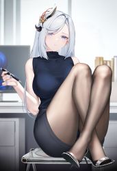 Rule 34 | 1girl, absurdres, alternate costume, armpit crease, black panties, black skirt, blue eyes, blue nails, blue shirt, blurry, blurry background, breasts, bright pupils, brown pantyhose, crossed legs, full body, genshin impact, hair ornament, hair over one eye, high heels, highres, holding, holding pen, indoors, knees up, large breasts, legs, long hair, looking at viewer, nail polish, office lady, panties, pantyhose, pen, pencil skirt, ribbed shirt, see-through, see-through legwear, shenhe (genshin impact), shirt, sitting, skirt, sleeveless, sleeveless shirt, swept bangs, terebi (shimizu1996), turtleneck, underwear, white hair, white pupils