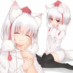 Rule 34 | 1boy, 1girl, animal ears, black thighhighs, closed eyes, closed mouth, hand on another&#039;s cheek, hand on another&#039;s face, highres, hood, hoodie, inubashiri momiji, jacket, long sleeves, mamo murata, multiple views, open mouth, red eyes, short hair, simple background, sitting, smile, tail, thighhighs, touhou, wariza, white background, white hair, white jacket, wolf ears, wolf girl, wolf tail