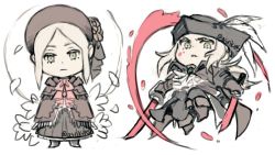 Rule 34 | 2girls, asrikins, blonde hair, blood, bloodborne, bloody weapon, bonnet, boots, chibi, cloak, closed mouth, coat, dress, falling, flower, gloves, green eyes, hat, hat feather, holding, holding weapon, lady maria of the astral clocktower, long hair, looking at viewer, multiple girls, petals, plain doll, ponytail, rakuyo (bloodborne), rose, simple background, sketch, swept bangs, sword, the old hunters, tricorne, weapon, white background, white hair