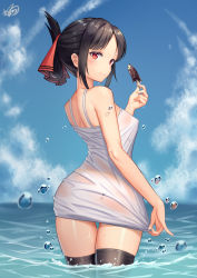Rule 34 | 1girl, absurdres, ass, bare arms, bare shoulders, black hair, black thighhighs, blue sky, blush, breasts, closed mouth, cloud, commentary request, cowboy shot, day, dress, folded ponytail, food, from behind, hair ribbon, highres, holding, holding food, horizon, ice cream, kaguya-sama wa kokurasetai ~tensai-tachi no renai zunousen~, looking at viewer, looking back, medium breasts, ocean, outdoors, parted bangs, red eyes, red ribbon, ribbon, shinomiya kaguya, short hair, sidelocks, signature, skindentation, sky, sleeveless, sleeveless dress, smile, solo, sundress, thigh gap, thighhighs, wading, water, wet, wet clothes, wet dress, wide hips, xiaoxi0619