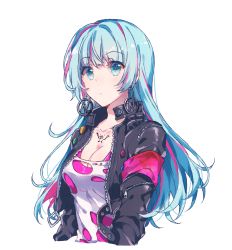 Rule 34 | 1girl, bad id, bad pixiv id, black jacket, blue eyes, blue hair, breasts, cleavage, closed mouth, earrings, highres, jacket, jewelry, large breasts, leather, leather jacket, long hair, long sleeves, looking at viewer, migolu, multicolored hair, nanasaki nicole, open clothes, open jacket, pink hair, shirt, simple background, solo, streaked hair, tattoo, tokyo 7th sisters, torn clothes, torn shirt, upper body, white background