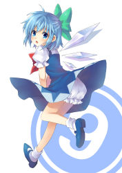 Rule 34 | circled 9, 1girl, absurdres, bloomers, blue eyes, blue hair, blush, bow, cirno, dress, from behind, hair bow, highres, matching hair/eyes, mauve, open mouth, short hair, skirt, skirt tug, solo, touhou, underwear, wings