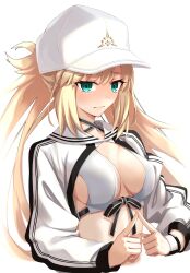 Rule 34 | absurdres, artoria caster (fate), artoria caster (swimsuit) (fate), artoria caster (swimsuit) (first ascension) (fate), artoria pendragon (fate), baseball cap, bikini, blonde hair, breasts, closed mouth, commentary request, criss-cross halter, cropped torso, embarrassed, fate/grand order, fate (series), fidgeting, front-tie bikini top, front-tie top, green eyes, halterneck, hat, highres, index fingers together, jacket, long hair, long sleeves, looking at viewer, medium breasts, open clothes, open jacket, swimsuit, twintails, upper body, white background, white bikini, white headwear, white jacket, yu sa1126