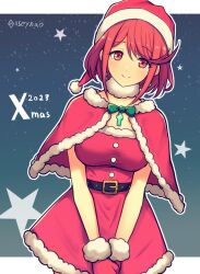 Rule 34 | 1girl, alternate costume, breasts, christmas, dress, hat, highres, large breasts, mochimochi (xseynao), pyra (xenoblade), red eyes, red hair, red hat, santa dress, solo, xenoblade chronicles (series), xenoblade chronicles 2