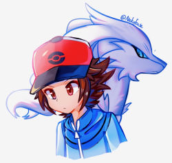 Rule 34 | 1boy, artist name, baseball cap, blue jacket, brown hair, closed mouth, commentary, creatures (company), game freak, gen 5 pokemon, hat, hilbert (pokemon), inaba hitomi, jacket, legendary pokemon, looking down, male focus, nintendo, pokemon, pokemon (creature), pokemon bw, red eyes, reshiram, simple background, white background, zipper pull tab