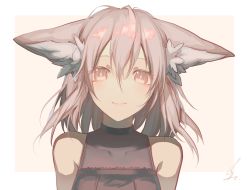 Rule 34 | 1girl, animal ear fluff, animal ears, bare shoulders, black shirt, blush, brown background, brown eyes, closed mouth, fox ears, grey hair, hair between eyes, long hair, looking at viewer, original, saihate (d3), shirt, signature, sleeveless, sleeveless shirt, smile, solo, two-tone background, upper body, white background
