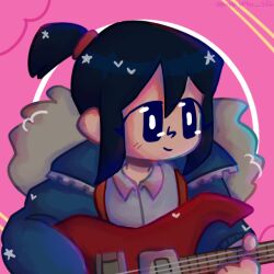 1girl bass_guitar black_eyes black_hair bright_pupils collared_shirt electric_bass_guitar fur-trimmed_jacket fur_trim hair_between_eyes holding holding_bass_guitar holding_instrument instrument jacket knives_chau light_blush pink_background purple-st4rz-556 scott_pilgrim_(series) scott_pilgrim_takes_off shirt short_hair short_ponytail sidelocks smile tumblr_username white_pupils