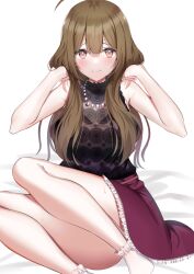 Rule 34 | 1girl, ahoge, armpit crease, arms behind head, bare legs, bed sheet, blush, breasts, brown hair, cleavage, hair over shoulder, highres, idolmaster, idolmaster shiny colors, jewelry, kanikou, kuwayama chiyuki, large breasts, looking at viewer, necklace, patterned clothing, pearl necklace, petticoat, see-through, see-through cleavage, shirt, sitting, sleeveless, sleeveless shirt, solo, sweatdrop